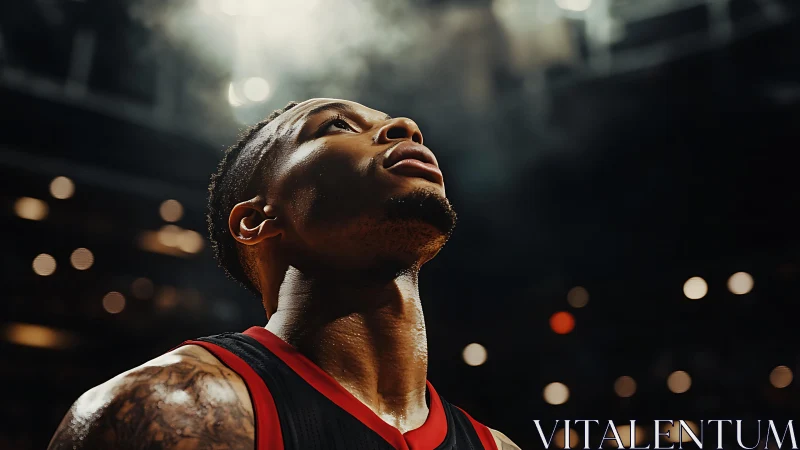Arena lights crown a focused basketball player in quiet fire.