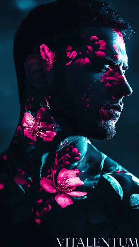 Neon blossoms trace a calm man’s face in soft blue light