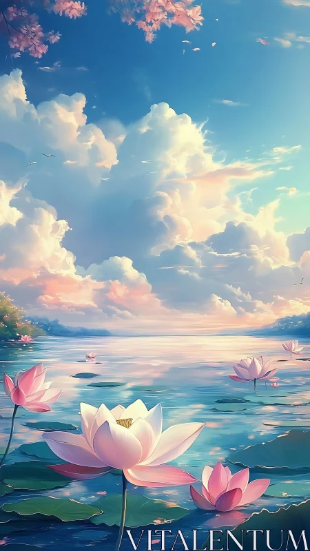 Serene lotus lake under volumetric clouds and high key lighting