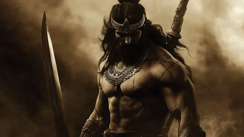 Sepia-toned mythic warrior renders dramatic chiaroscuro study