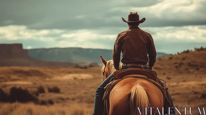 Lone cowboy on horseback surveys vast western landscape.
