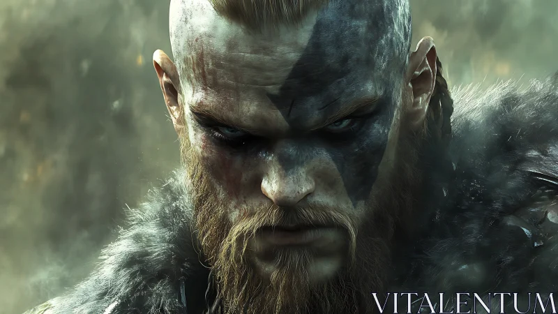 Fierce warrior gazes forward with stormy, battleworn resolve