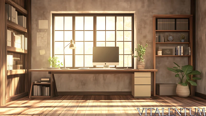 Sunlit minimalist home office with wooden shelving and plants