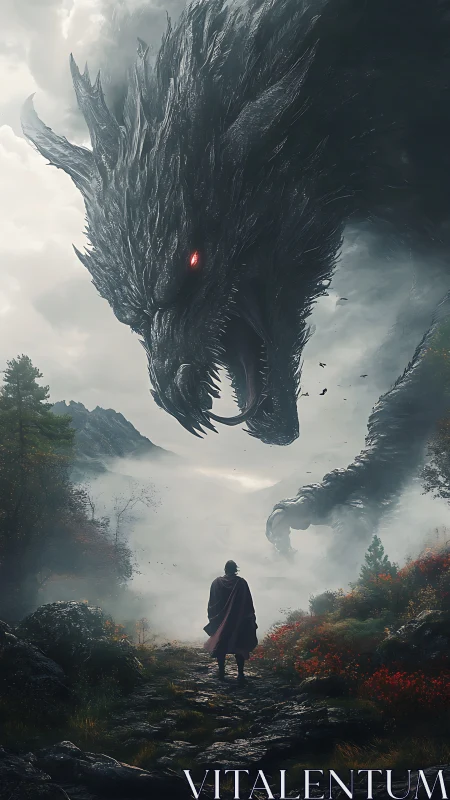 Lone cloaked hero confronts colossal dragon in misty valley.