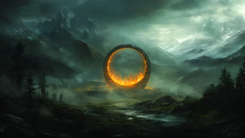 Fiery mountain portal glowing in a misty, enchanted valley.