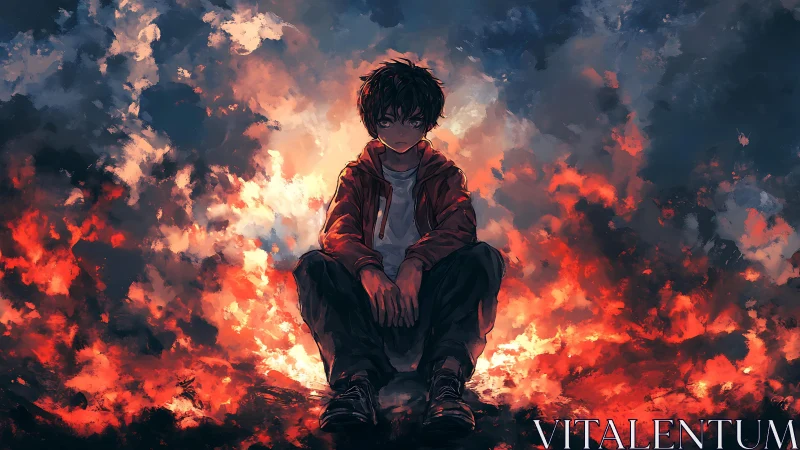 Solitary boy amid fiery bokeh clouds with dramatic backlight