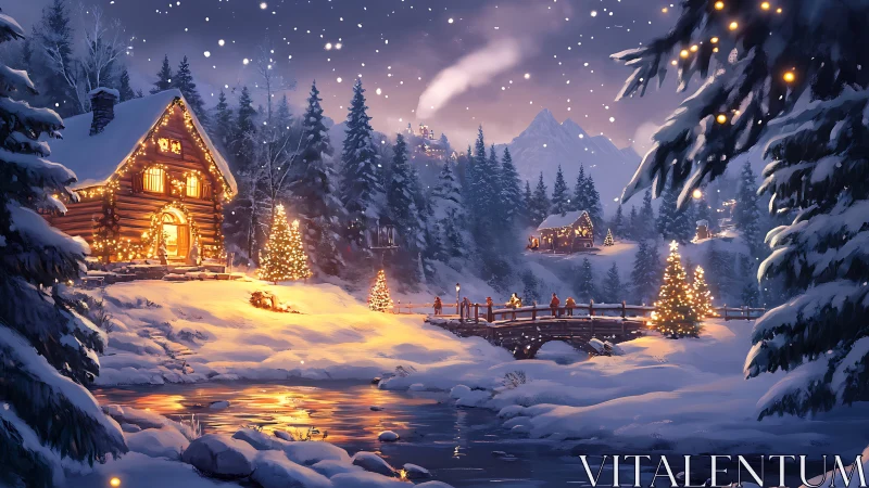 Snowlit cabins trade golden stories across a winter valley