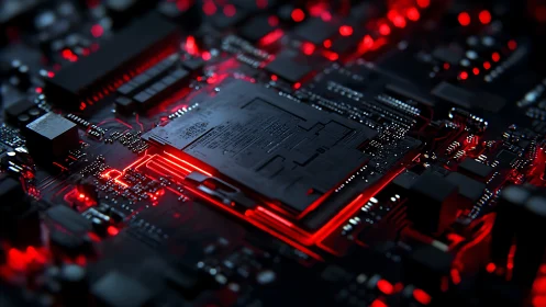 Black computer chipset on board with red LED lighting glow.