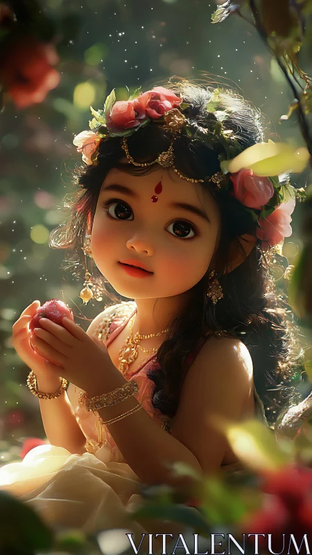 Enchanted child goddess portrait under golden orchard light.