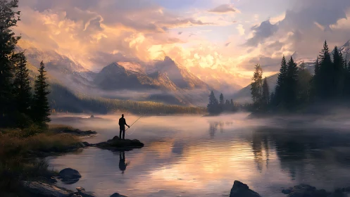 Solitary angler on misty alpine lake at sunrise panorama