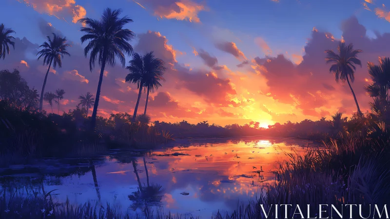 Sunset ignites a tranquil tropical lagoon in vivid color