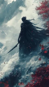 Armored wraith surveys mist-cloaked canyon in cinematic silhouette