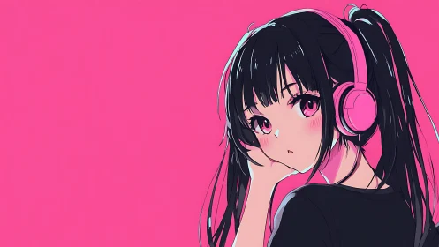 Girl with pink headphones listens against solid neon background