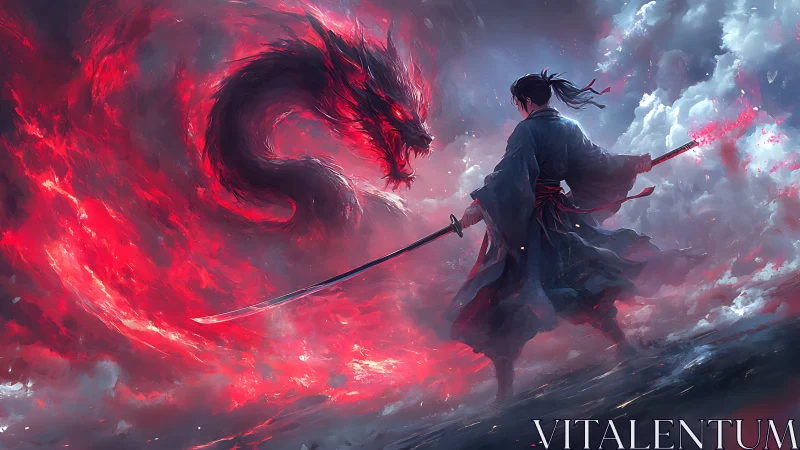 Samurai confronts blazing red dragon amid swirling clouds.