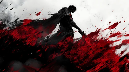 Solitary warrior stepping through a storm of red resolve.