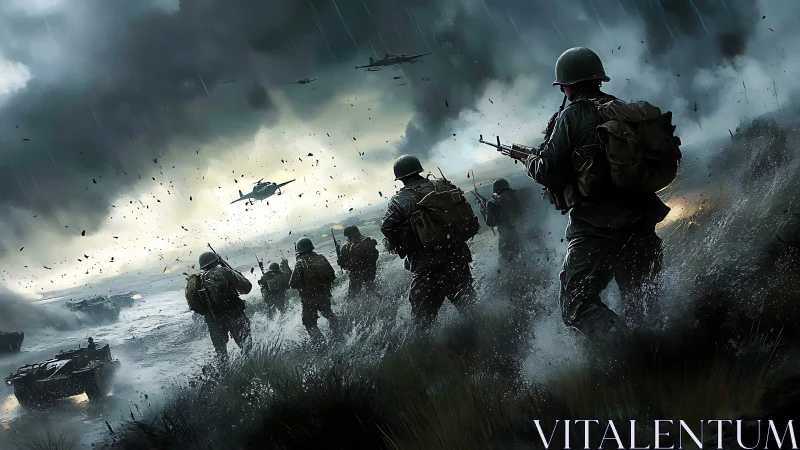 Storm-lashed amphibious infantry assault under aerial bombardment