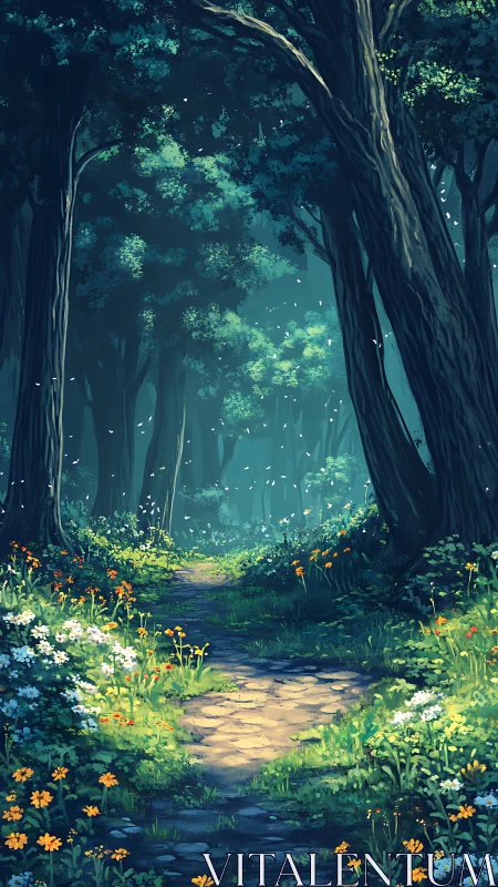 Enchanted Forest Path with Towering Trees and Glowing Flora