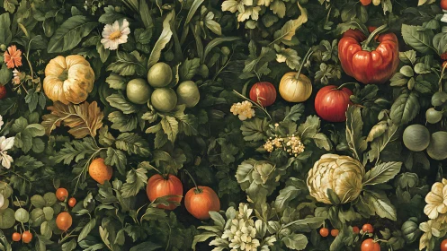 Vegetables and leaves arranged in dense garden pattern.