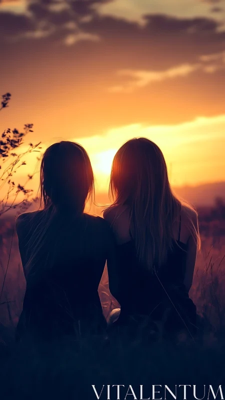 Sunset silhouettes of two girls in warm glowing fieldscape.