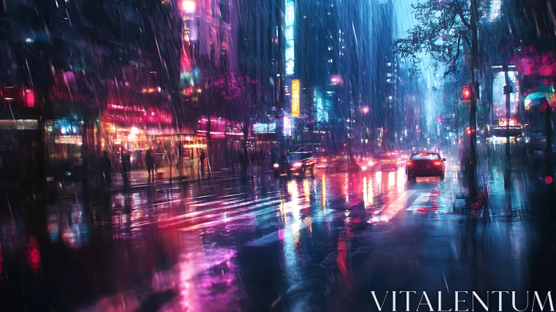 Neon lit city street in heavy rain at night scene