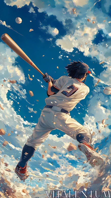 Baseball player swinging bat under expansive cloudy sky.