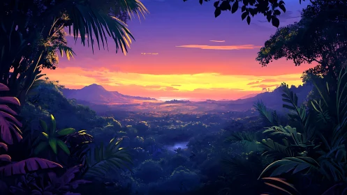 Tropical valley sunset under vivid purple-orange sky.
