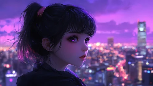 Girl gazes over neon city skyline in glowing twilight haze