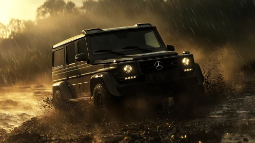 Mercedes G-Class powers through stormy mud trail at dusk.
