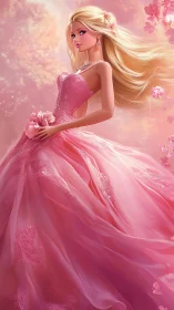Digital rendering shows blonde woman in flowing pink gown