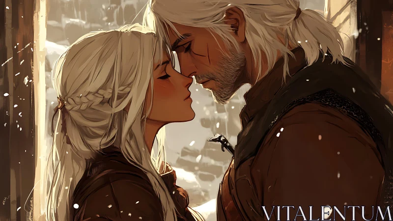 Winter Romance: Two Figures Sharing Intimate Moment in Snowfall