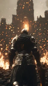 Armored figure before burning fortress in dark landscape.
