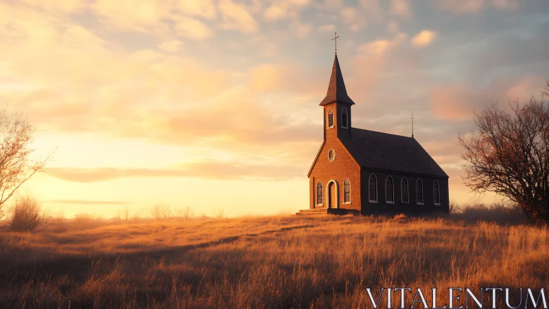 Sunlit rural chapel with golden field and atmospheric horizon.