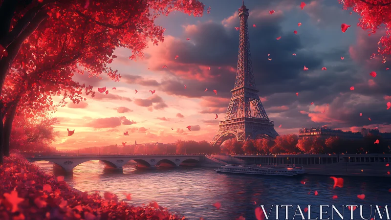 Romantic sunset bathes the Eiffel Tower in rose light
