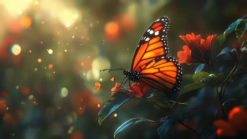Luminous monarch butterfly rests on flowers in cinematic bokeh light