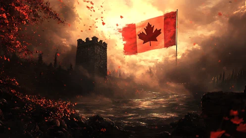 Stormlit Canadian flag drifts above a moody autumn river