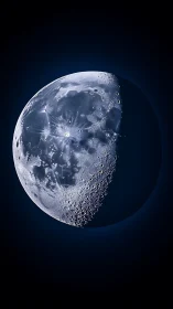 Crescent moon glows in deep blue night sky detail.