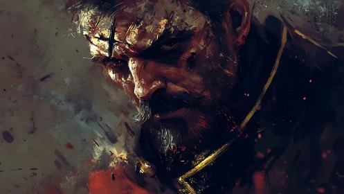 Battle-worn warrior portrait in dark painterly strokes.