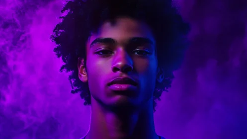 Portrait in neon violet haze with cinematic rim lighting.