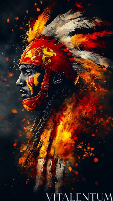 Ember crowned warrior in red helm and wildfire feathers.