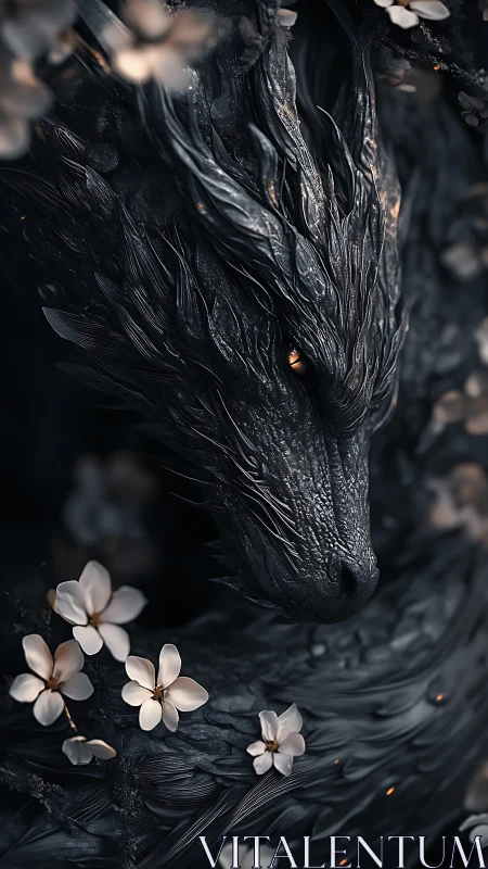 Dark scaled dragon head rendered with shallow depth of field