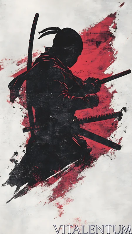 Blade-born shadow: ink-slashed samurai in red storm.