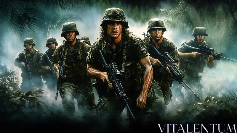 Combat squad advances through misty jungle in cinematic detail