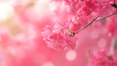 Pink Cherry Blossoms with Bokeh Background and Branch Structure.
