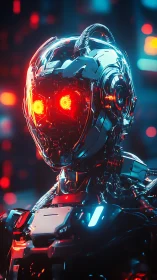 Chromed cybernetic sentinel with luminous red optic cores.