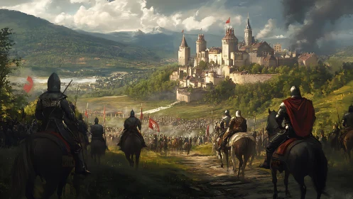 Medieval cavalry encircling a fortified highland castle at dawn.