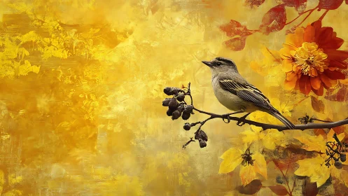 Perched Bird on Berry Branch Against Golden Atmospheric Background