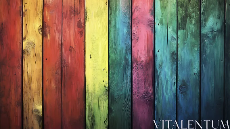 Weathered rainbow wooden planks display saturated grain.