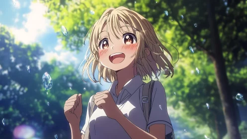 Blonde student stands outdoors amid suspended water droplets