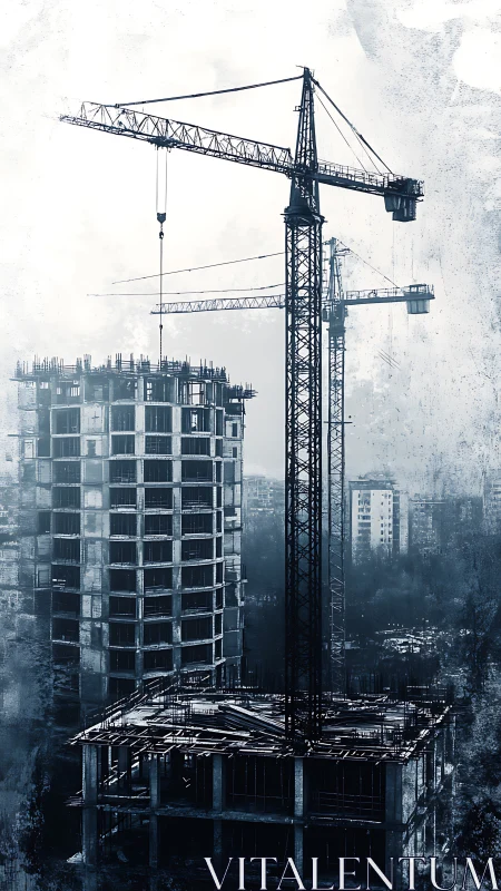 High-rise crane lattice over reinforced concrete framework skyline.