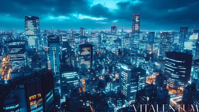 Nocturnal megacity skyline with cyan-tuned luminous grid.